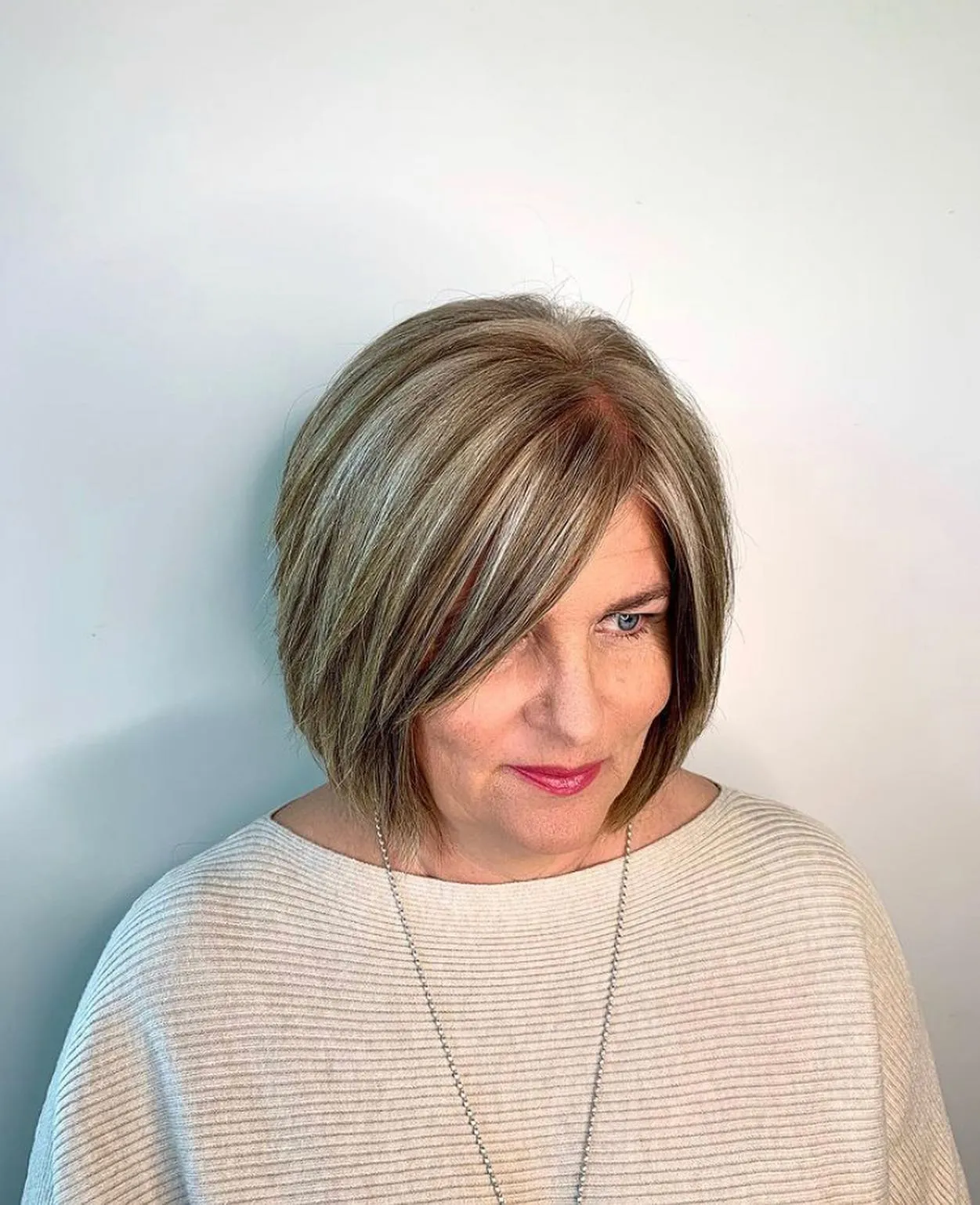 Ash Brown Angled Bob With Highlights