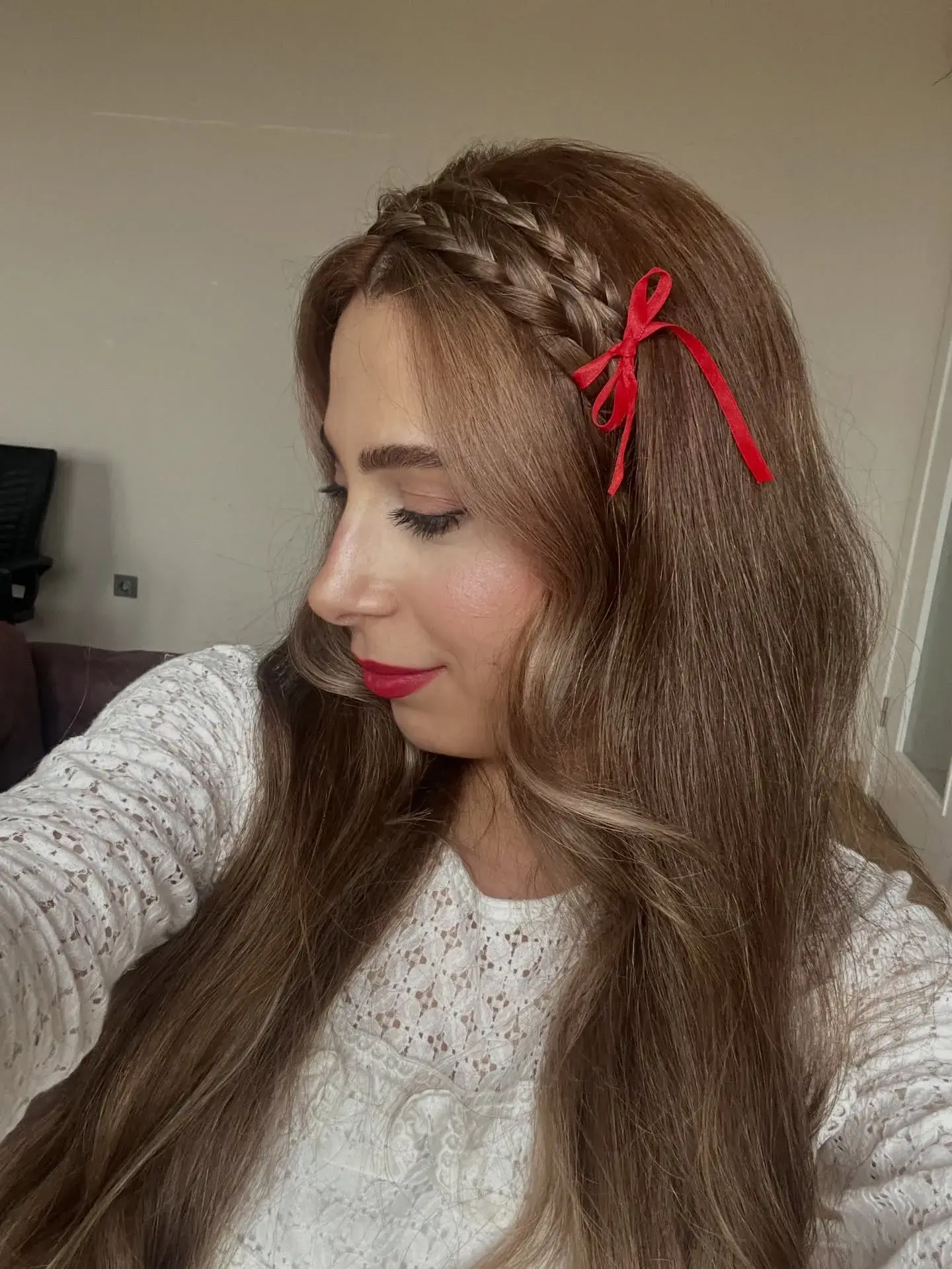 Braided Headband with Red Ribbon