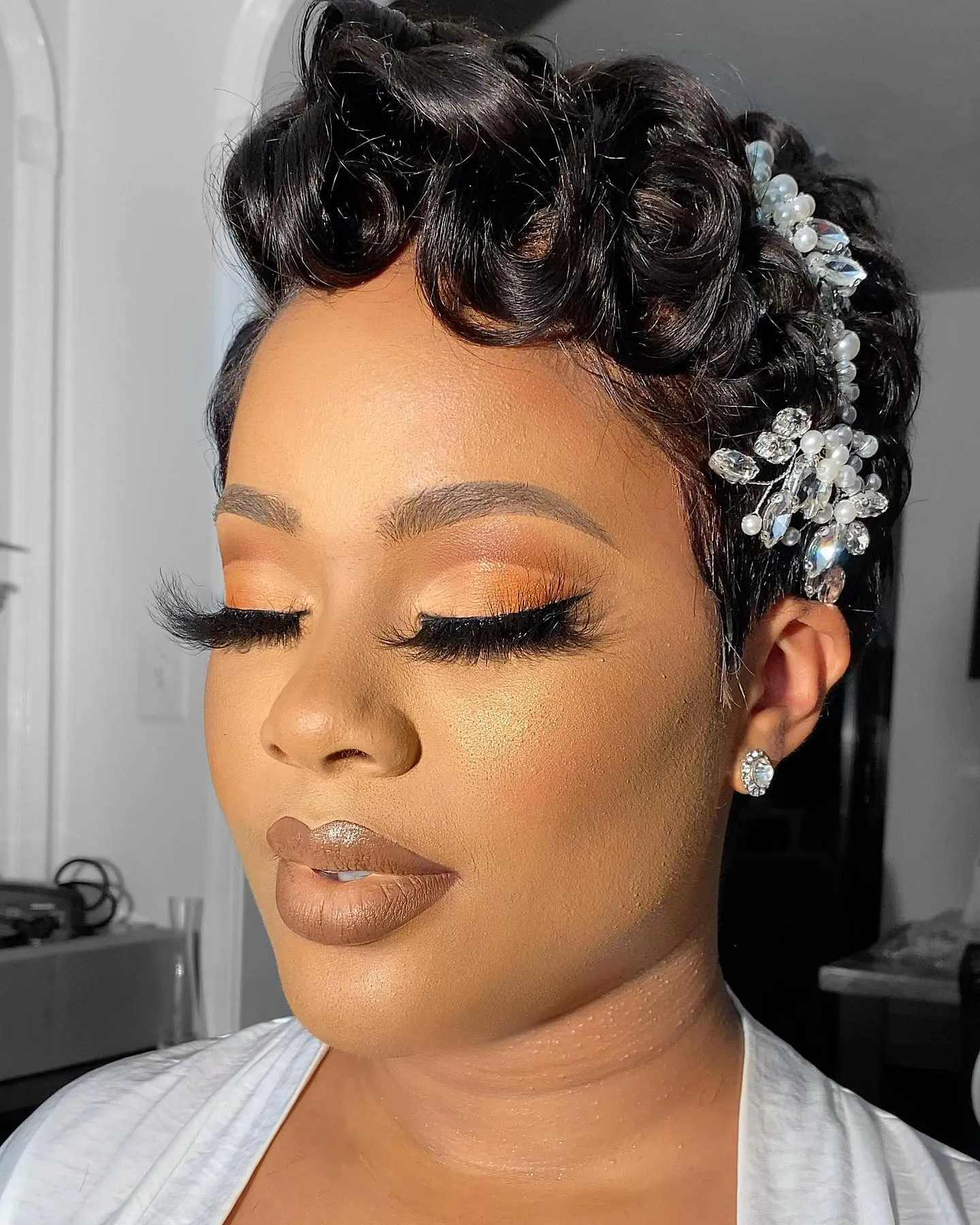 Crystal Embellished Curly Updo Pixie