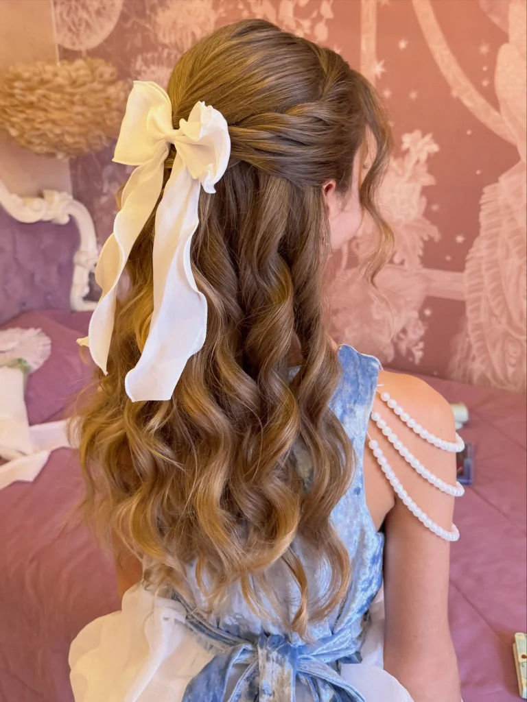 Curled Half-Up White Bow