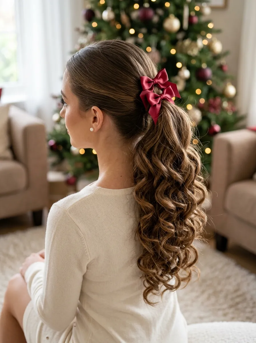 Curled Ponytail With Bows