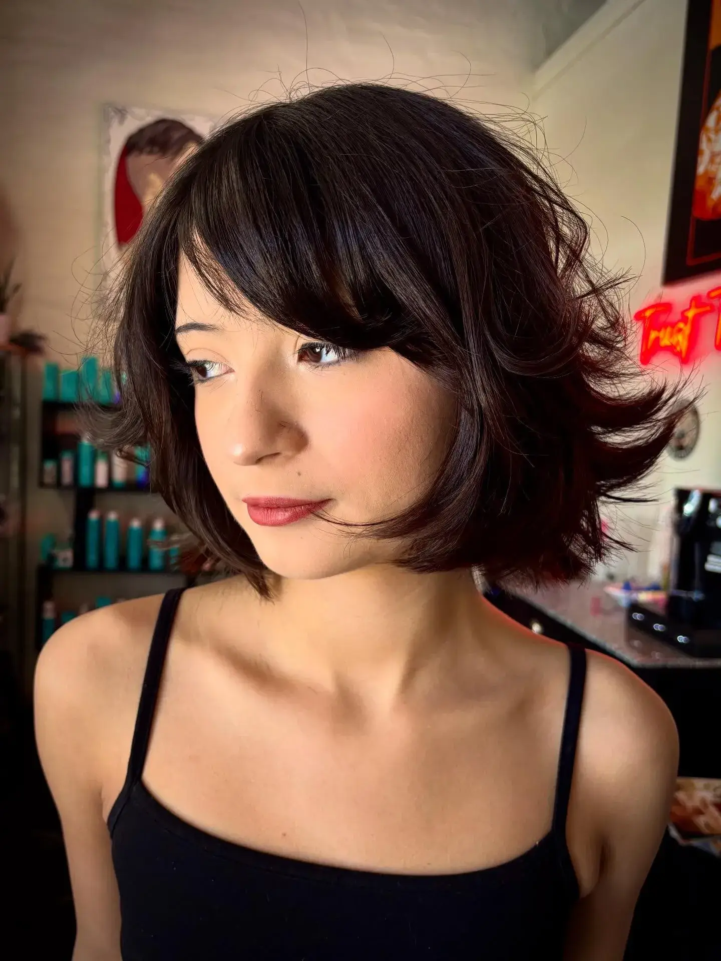 Dark Feathered Bob With Bangs