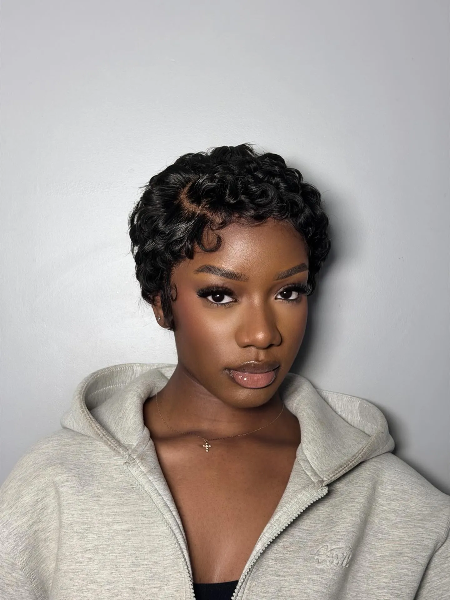 Defined Curly Pixie with Side Part
