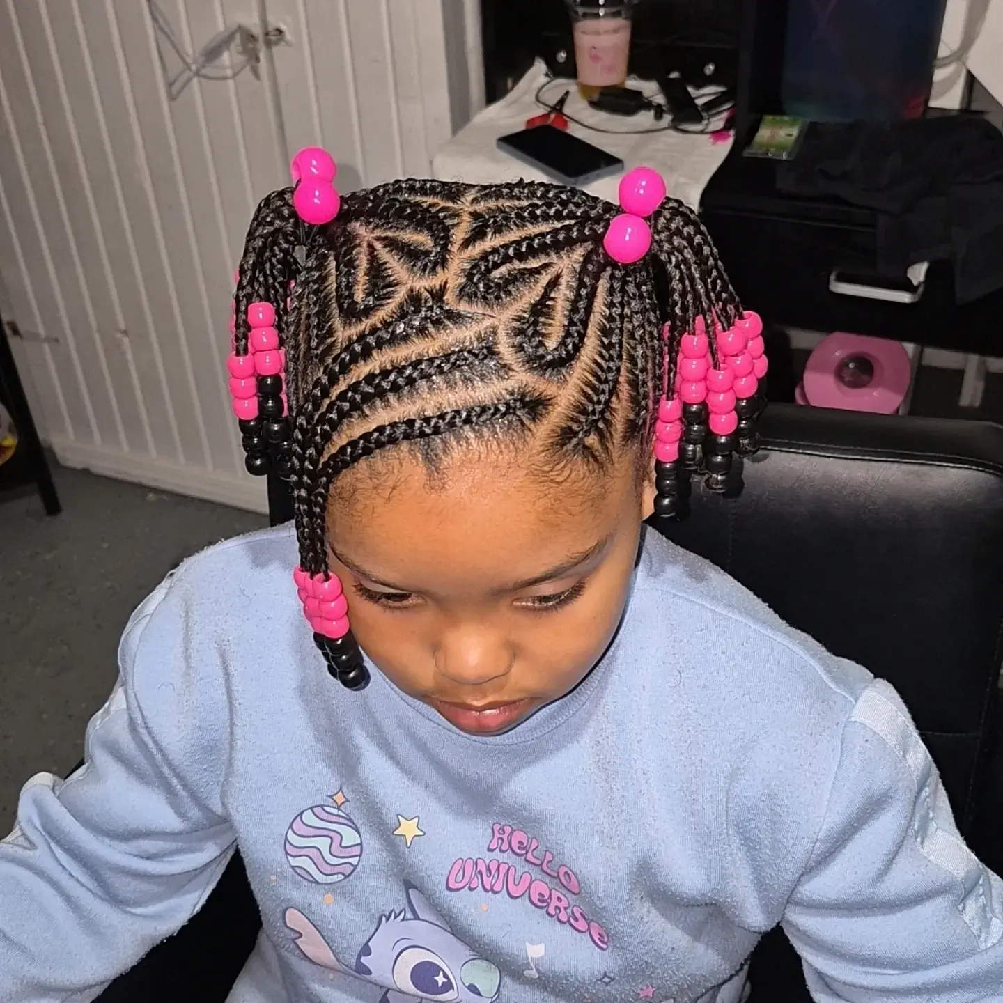 Geometric Cornrows With Pink Beads