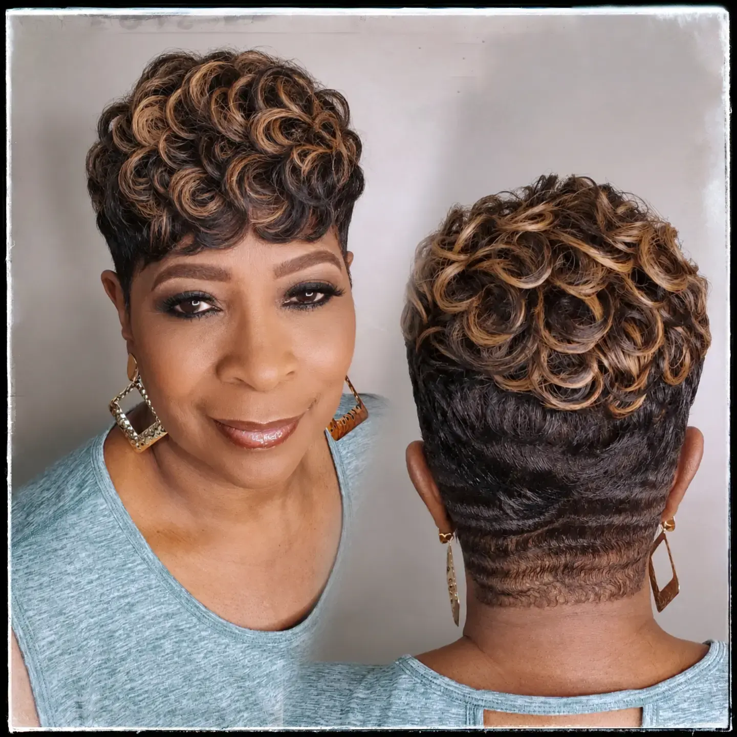 Honey Highlighted Curly Pixie