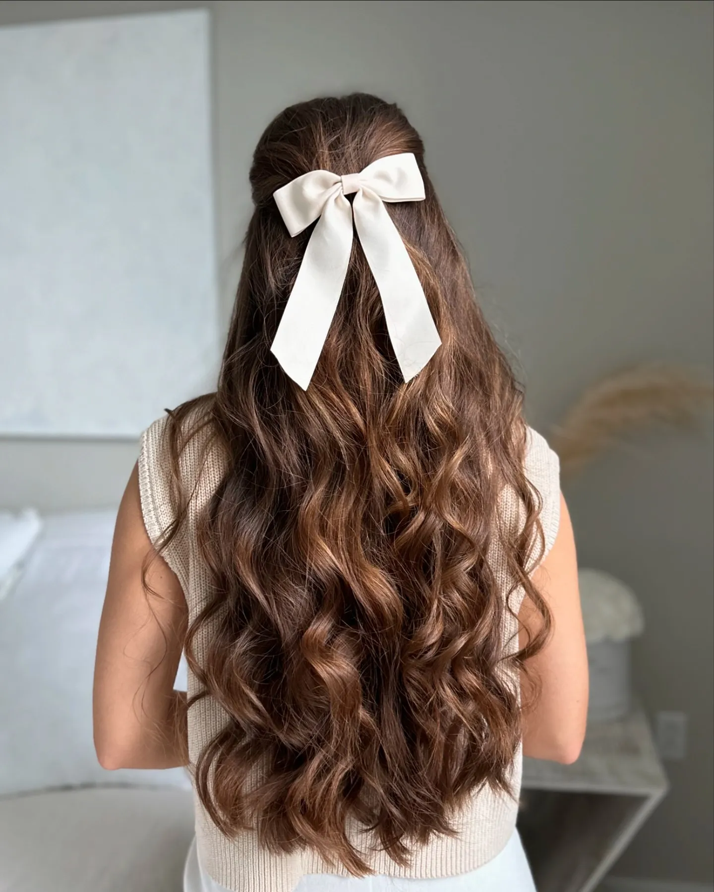 Ivory Bow Wavy Half Up