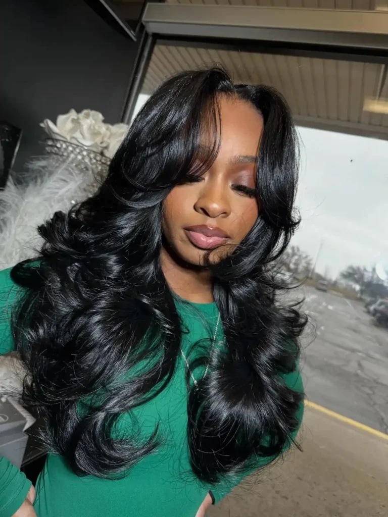 Jet Black Voluminous Layered Curls