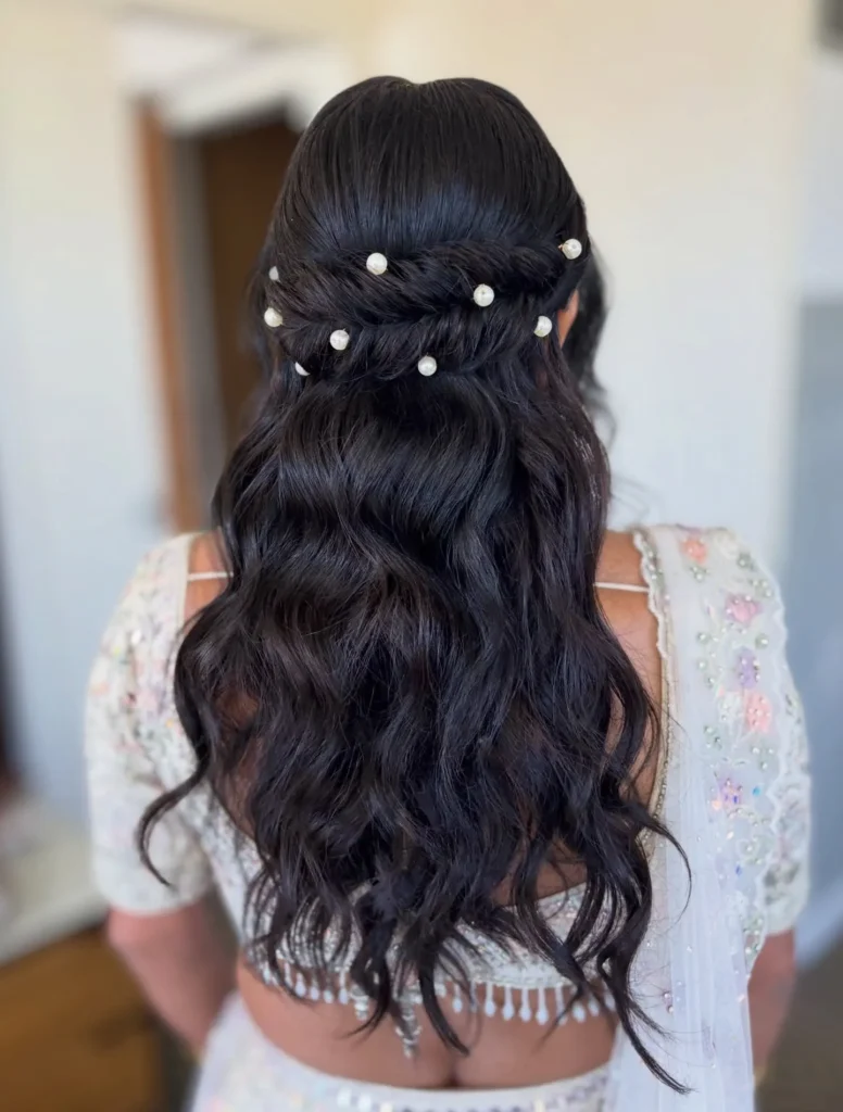 Pearl Studded Wavy Half Up