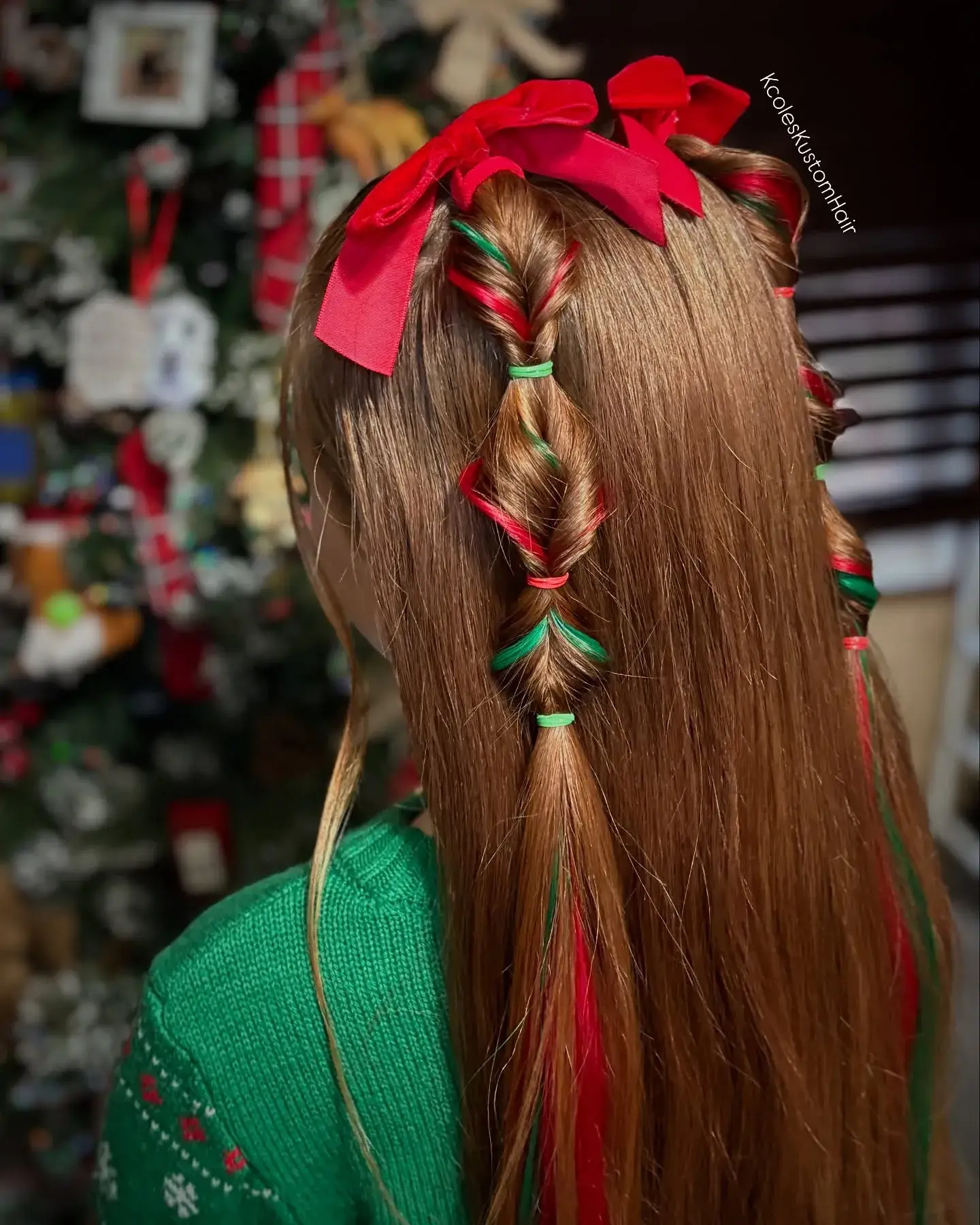 Red Green Ribbon Bubble Braids