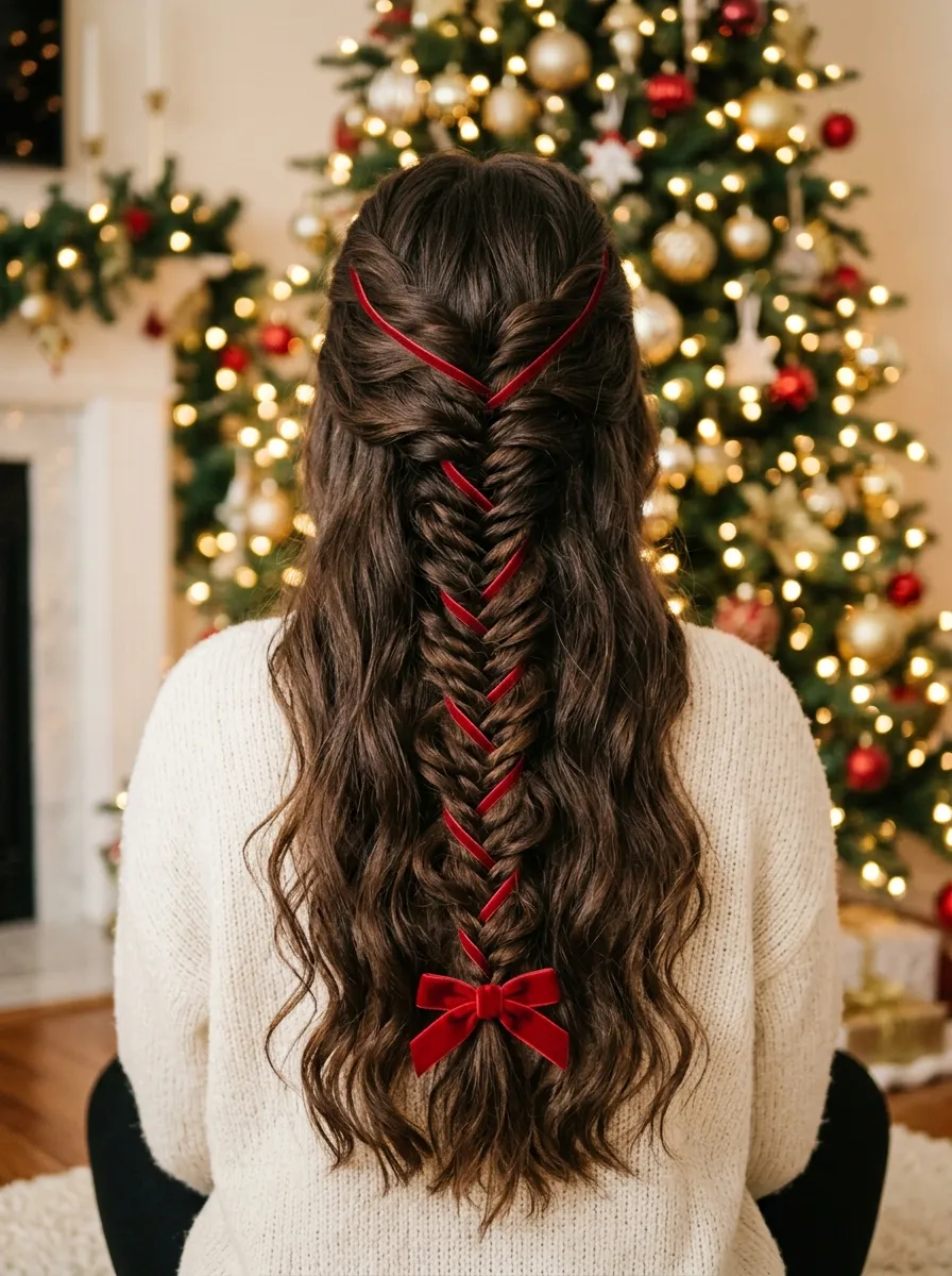 Red Ribbon Fishtail Braid