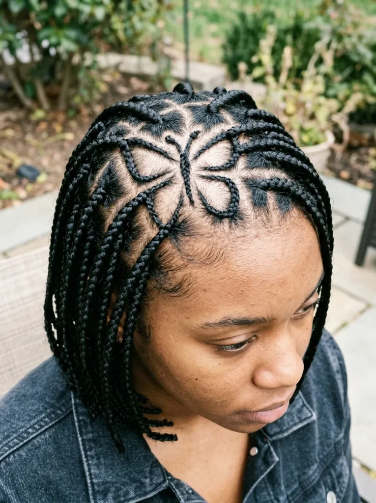 Short Box Braids with Butterfly Shape Parting