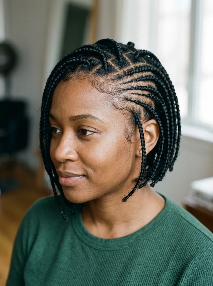 Short Box Braids with Curved Side Design