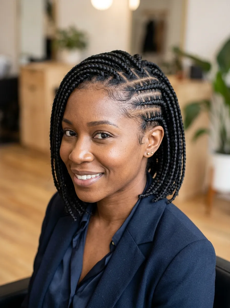 Short Box Braids with Side Cornrow Accent