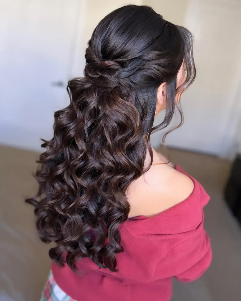 Twisted half up cascading ringlets